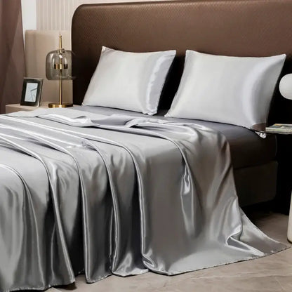 DecorBites™ luxurious solid color satin bedding set with silver flat sheet and matching pillowcases featuring glossy finish