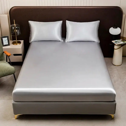 Silver satin bedding set with solid color flat sheet and pillowcases featuring smooth glossy finish by DecorBites™