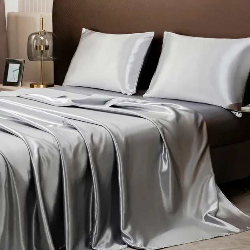 DecorBites™ luxurious solid color silver satin bedding set with smooth flat sheet and matching white silk pillows