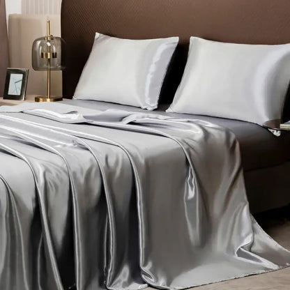 DecorBites™ luxurious solid color silver satin bedding set with smooth flat sheet and matching white silk pillows