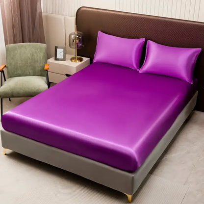 DecorBites™ luxurious solid color satin bedding set in vibrant purple with smooth flat sheet and matching pillows