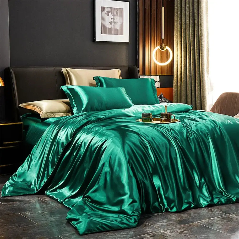 Lush emerald green satin decorbites luxurious solid silk bedding set with matching pcs duvet cover and pillows