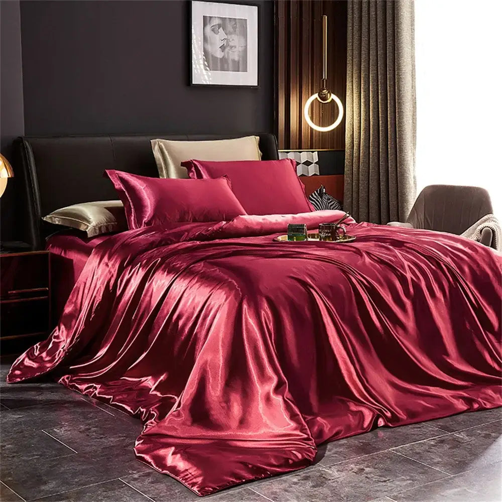 Decorbites™ luxurious solid silk burgundy duvet cover set with glossy satin finish in multiple sizes pcs duvet cover