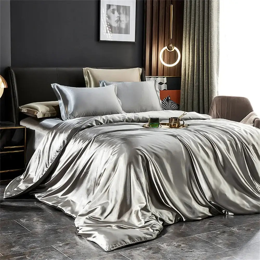 Silver satin decorbites™ luxurious solid silk 3 pcs duvet cover set with matching pillowcases elegantly displayed
