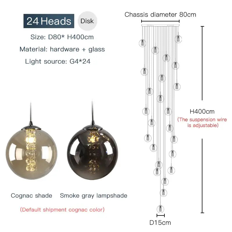 DecorBites™ luxurious spiral led chandelier with 24 spherical cognac and smoke gray glass lampshades for modern loft spaces