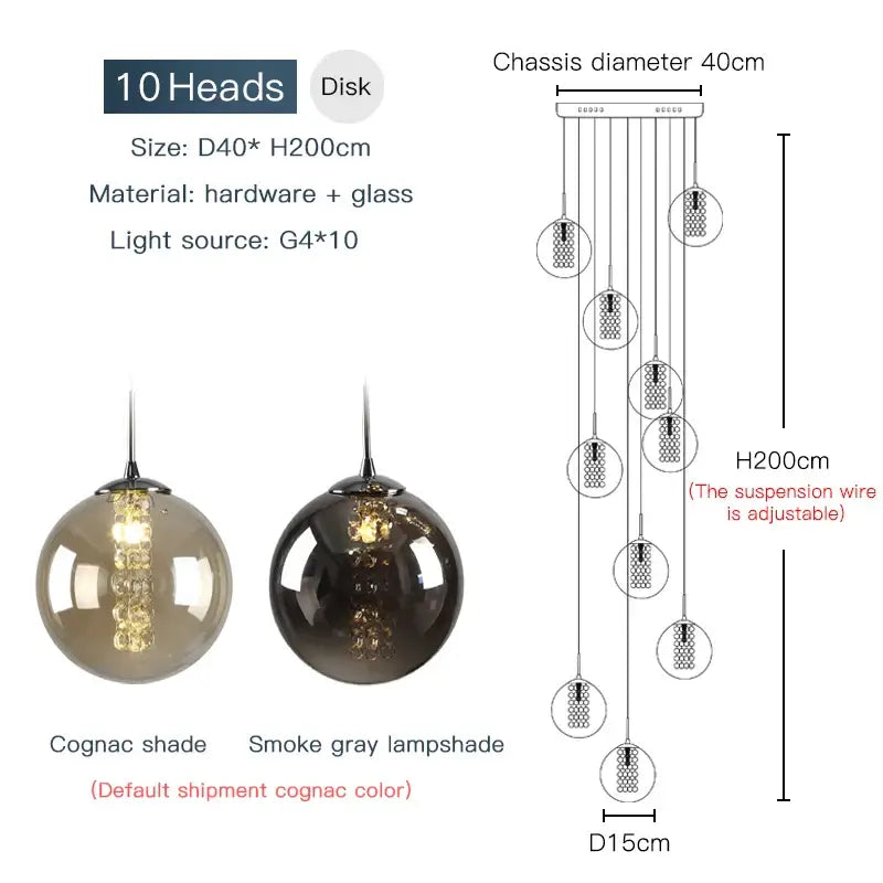 Decorbites™ luxurious spiral led chandelier with 10 cognac glass lampshades and sleek metallic frame for modern loft spaces