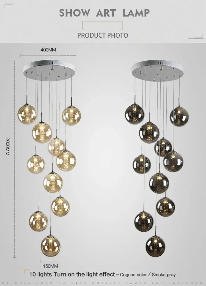 Modern loft chandelier DecorBites luxurious spiral led with cognac and smoke gray glass globes on chrome mount