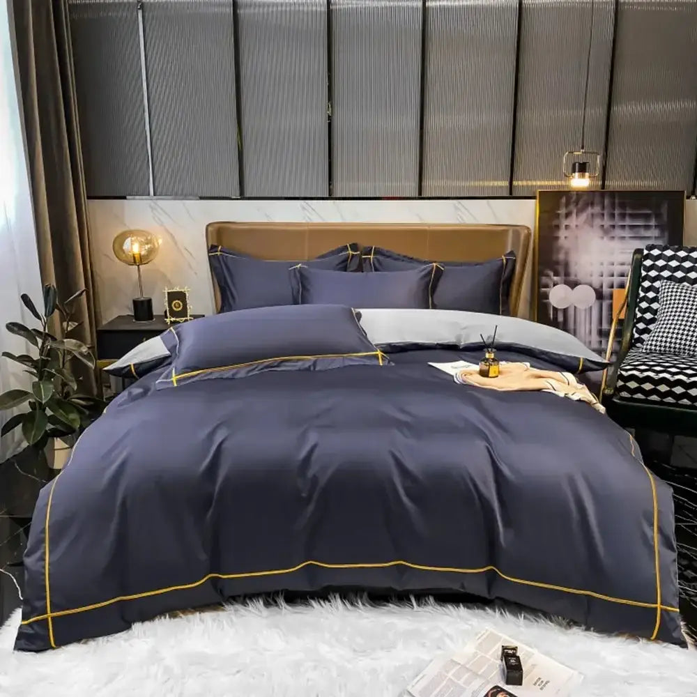 Navy blue satin duvet cover bedding set with gold piping from DecorBites Luxurious Svetanya Egyptian cotton collection