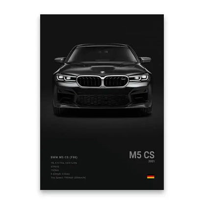 Black bmw m5 cs 2021 front grille and headlights luxury car canvas art print for home decor by DecorBites™