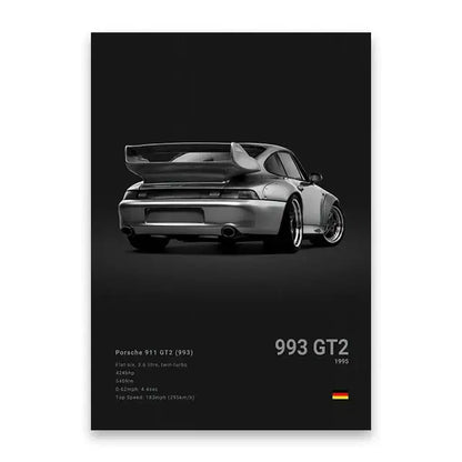 Black and white luxury car canvas art print featuring a silver porsche 911 gt2 with raised rear spoiler for home decor