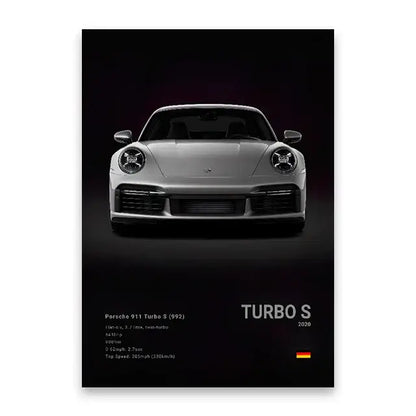 Silver Porsche 911 Turbo S art print featuring sleek design and technical specs for luxury car canvas home decor
