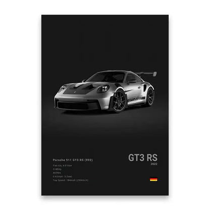 Silver Porsche 911 GT3 RS canvas wall art featuring sleek aerodynamic design and performance specs for luxury wall art