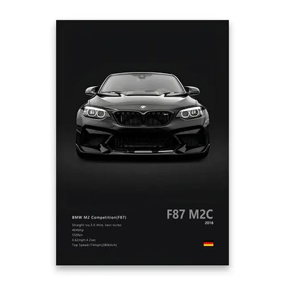 Decorbites luxury car canvas wall art featuring a black bmw m2 competition with glossy finish and bold grille design