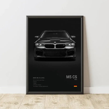 Black framed wall art print featuring a matte bmw m5 cs 2021 with kidney grille for luxury car decorbites art print