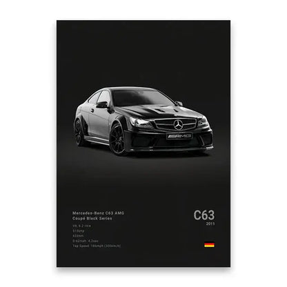Decorbites™ luxury car canvas wall art print featuring a black mercedes-benz c63 amg coupe with sleek aerodynamic design