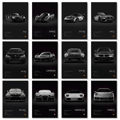 Set of twelve black-and-white luxury sports car wall art prints featuring Porsche 918, Pagani Huayra Cinque, and Ferrari LaFerrari