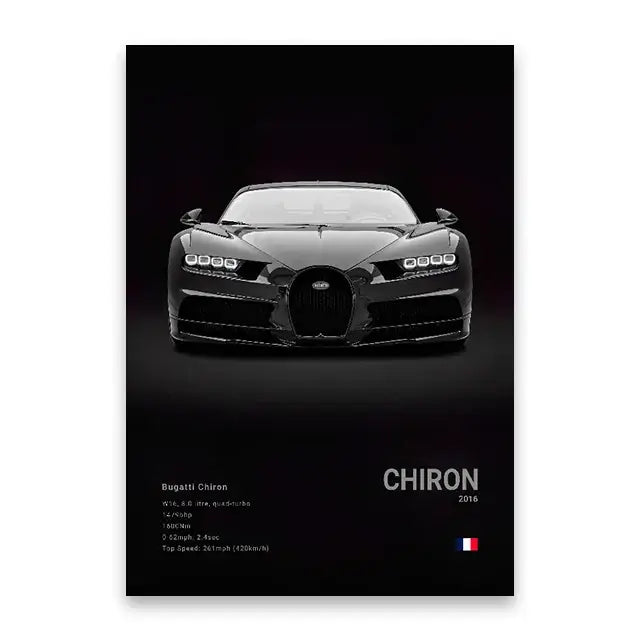 Black-and-white decorbites luxury car canvas wall art print featuring 2016 bugatti chiron with aerodynamic design and grille