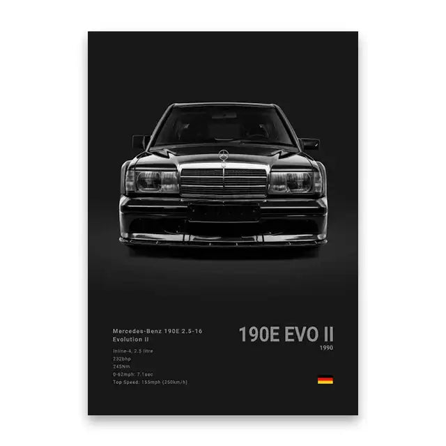 Black-and-white canvas wall art featuring a front view of the 190e evo ii with iconic grille and headlights by decorbites