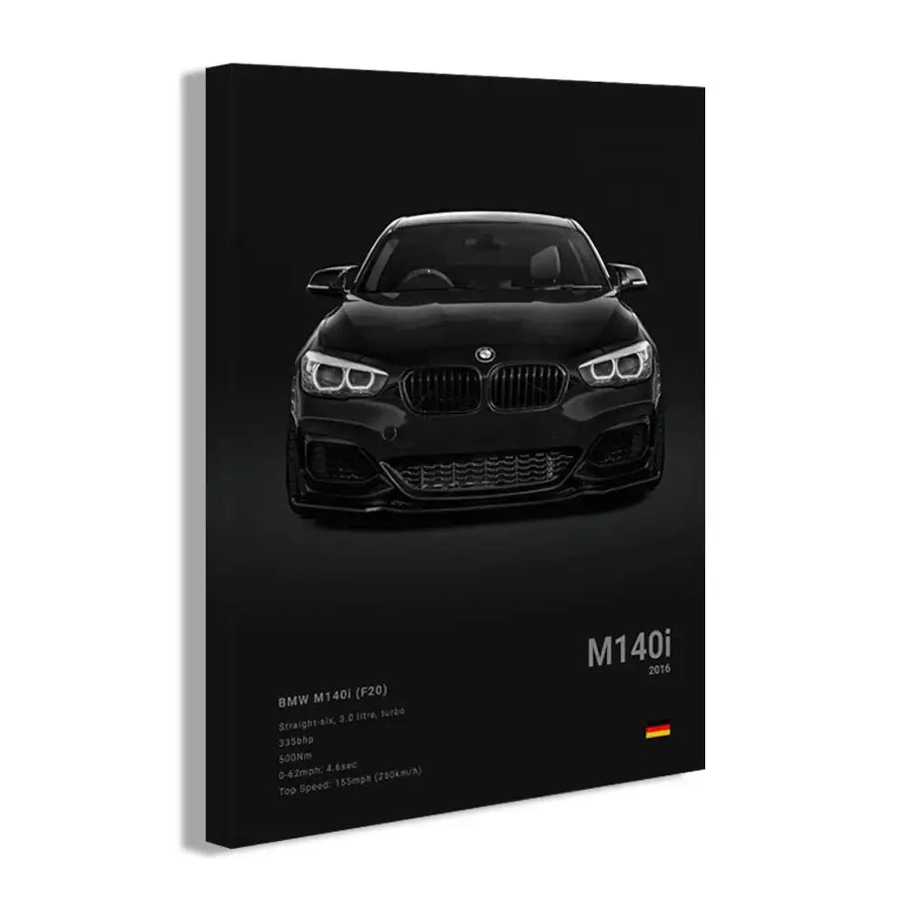Black bmw m140i 2016 canvas wall art print featuring glossy finish and minimalist design with white specification text