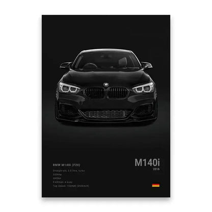 Black bmw m140i canvas wall art with sleek glossy finish and iconic kidney grille for luxury wall art decor
