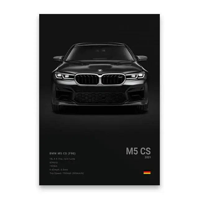 Black bmw m5 cs 2021 front grille and headlights featured on a luxury canvas wall art print for decorbites wall art