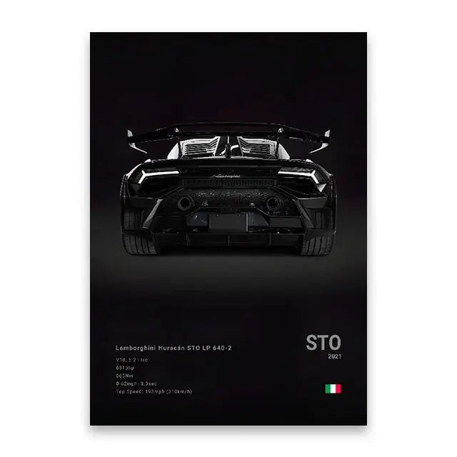 Black lamborghini huracán sto lp 640-2 rear view canvas wall art print featuring carbon fiber diffuser and air intakes