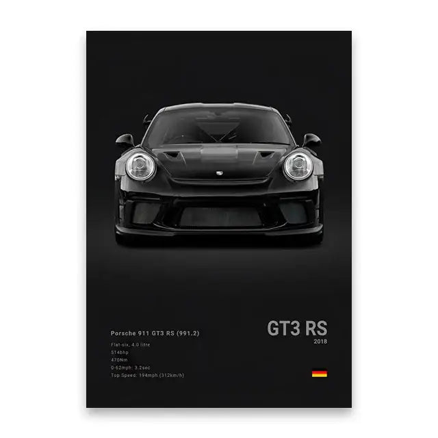 DecorBites luxury car canvas wall art print mural featuring black Porsche 911 GT3 RS with aggressive front grille design