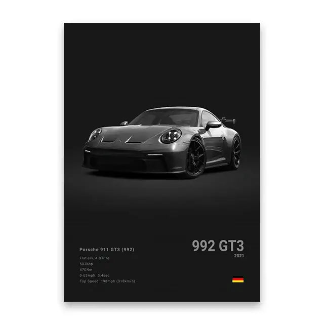 Black Porsche 911 gt3 992 canvas wall art print featuring a sleek matte sports car with round headlights and aerodynamic design