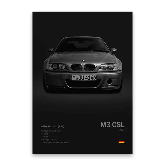 Black and silver bmw m3 csl e46 2003 front view canvas wall art by decorbites luxury car mural print