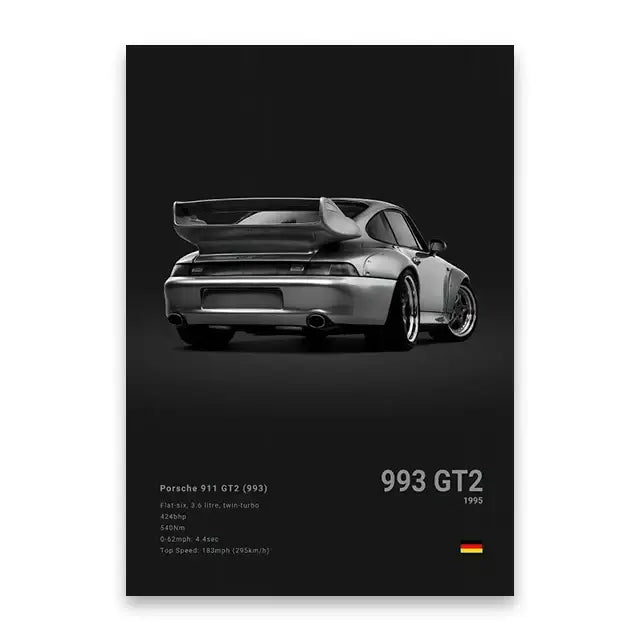 Black and white canvas wall art featuring a silver porsche 911 gt2 993 with raised rear spoiler on dark background