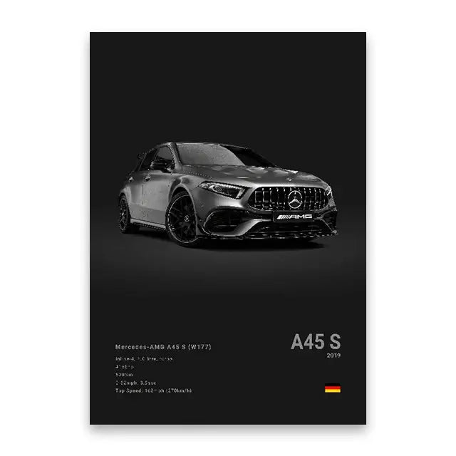 Silver mercedes-amg a45 s sports car canvas wall art print by decorbites luxury car canvas wall decor