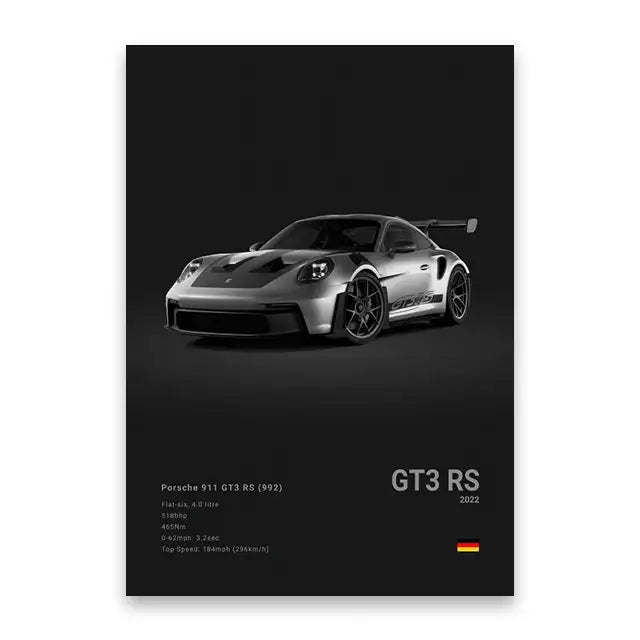 Silver porsche 911 gt3 rs canvas wall art featuring sleek design black racing stripes and performance specs print mural