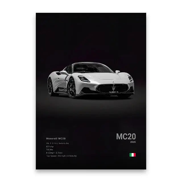 White maserati mc20 sports car canvas wall art featuring sleek aerodynamic design and black alloy wheels by decorbites