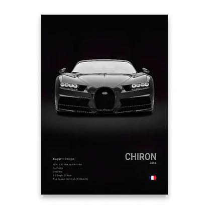 Black-and-white cars canvas wall art print featuring a 2016 bugatti chiron with sleek aerodynamic design and iconic grille