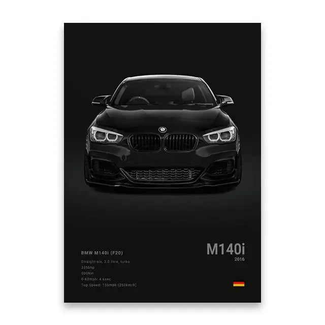 Decorbites™ luxury cars canvas wall art print featuring a black bmw m140i with glossy finish and kidney grille design