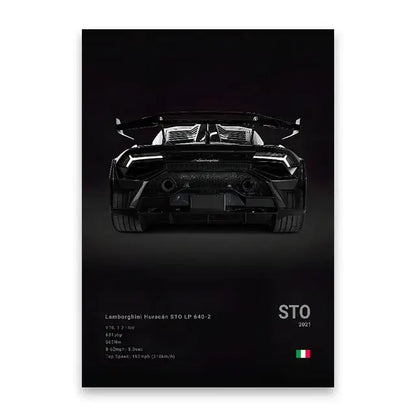 Decorbites luxury cars canvas wall art print showing sleek black lamborghini huracán sto lp 640-2 rear view with carbon fiber diffuser