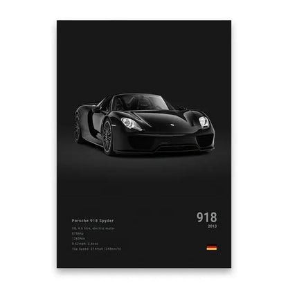 Black Porsche 918 Spyder sports car wall art canvas featuring sleek aerodynamic design and glossy finish for home decor