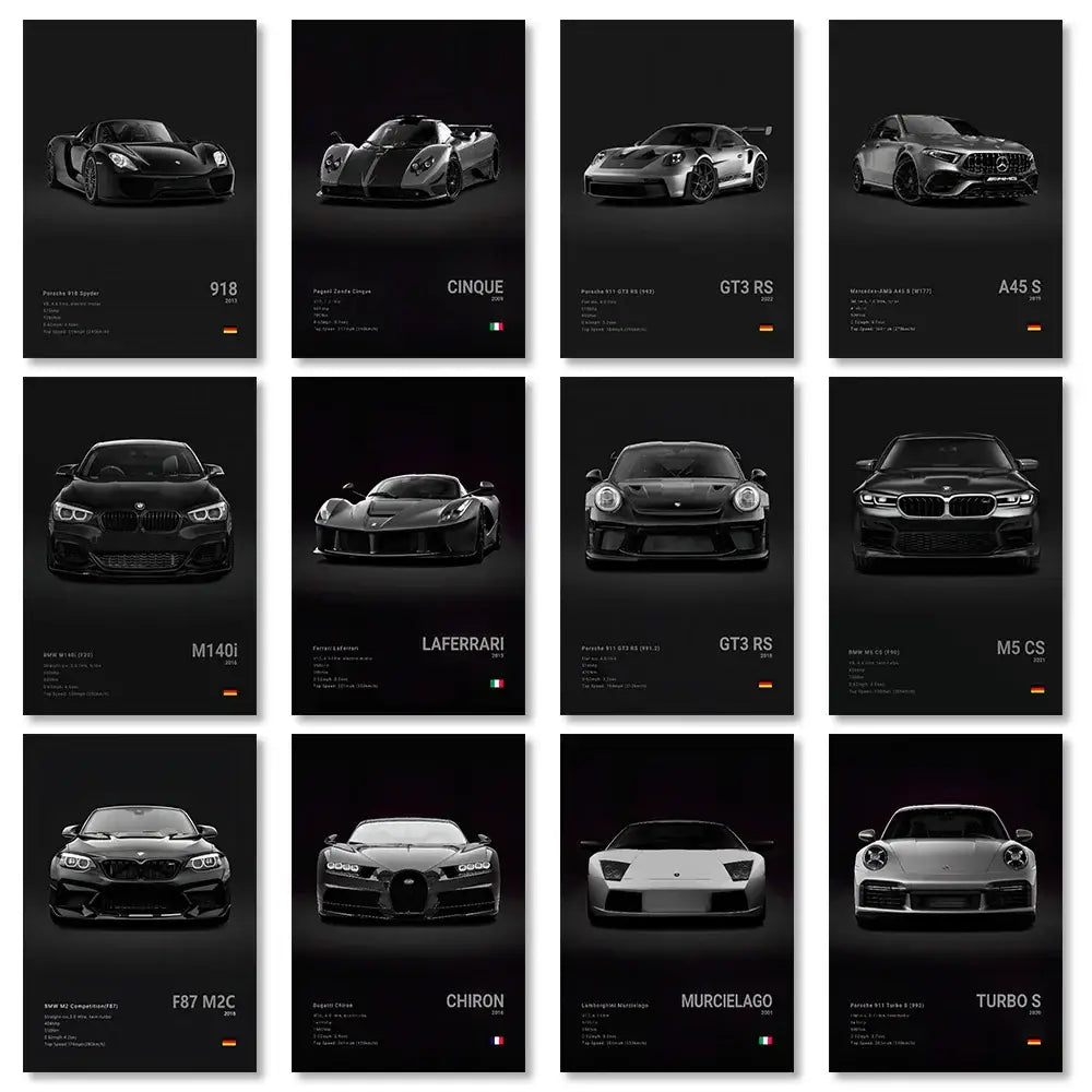 Set of twelve black and white luxury cars canvas wall art featuring porsche 918 pagani huayra cinque and ferrari laferrari for home decor