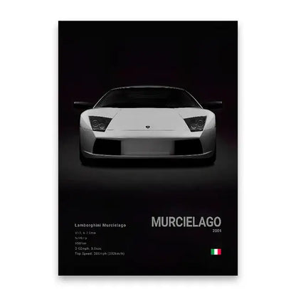 White Lamborghini Murcielago 2001 poster featuring sleek sports car design for luxury cars canvas wall art decor