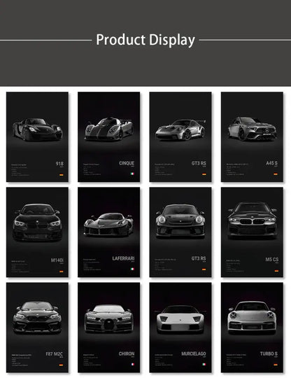 Black-and-white luxury cars canvas wall art print featuring porsche 918 pagani cinque and ferrari laferrari for modern decor