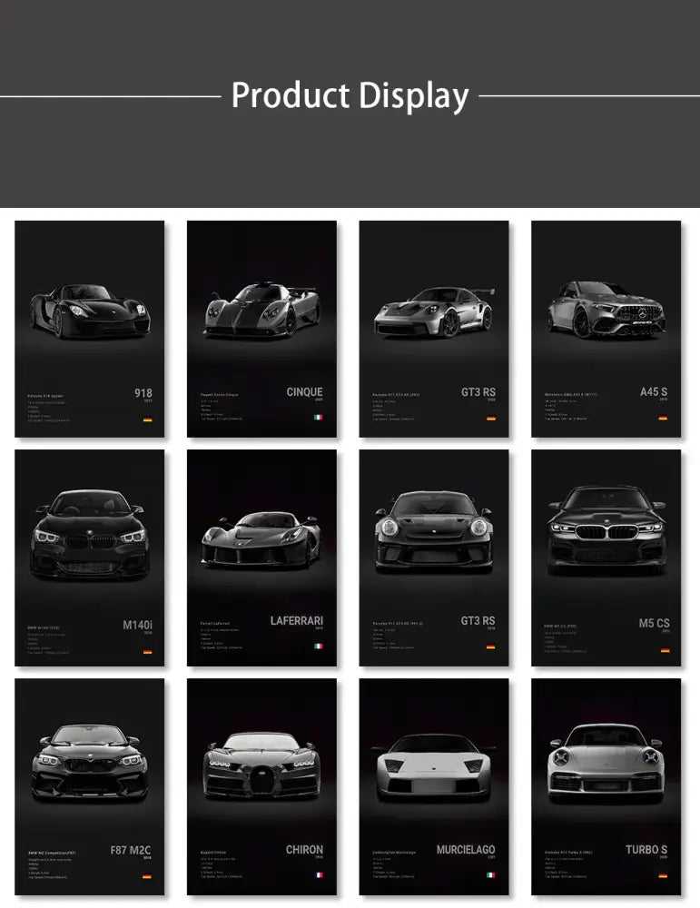 Black-and-white canvas wall art featuring luxury sports cars porsche 918 pagani cinque and ferrari laferrari for modern decor