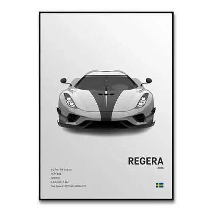 Black and white minimalist koenigsegg regera canvas wall art print from decorbites luxury cars collection for modern decor