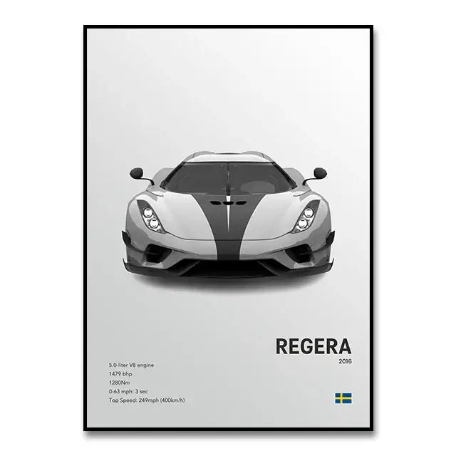 Black and white minimalist koenigsegg regera canvas wall art print from decorbites luxury cars collection for modern decor