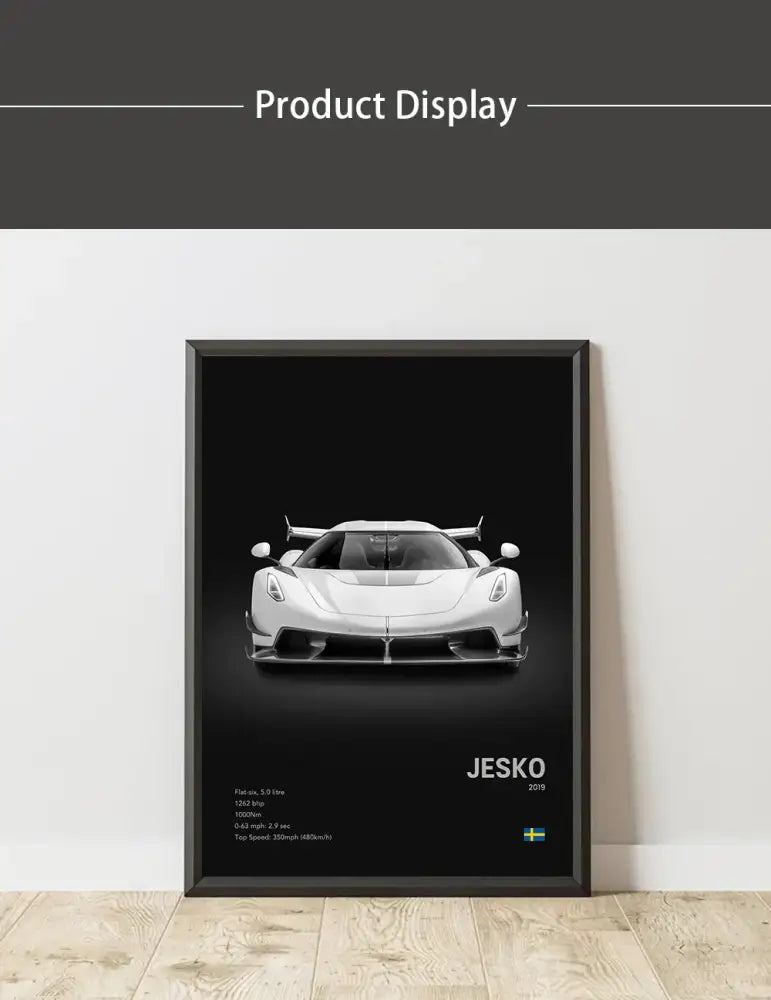 Black-framed canvas wall art featuring a monochrome image of the white koenigsegg jesko hypercar from 2019