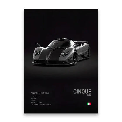 Black and silver pagani zonda cinque sports car wall art print on canvas for modern luxury cars canvas decor