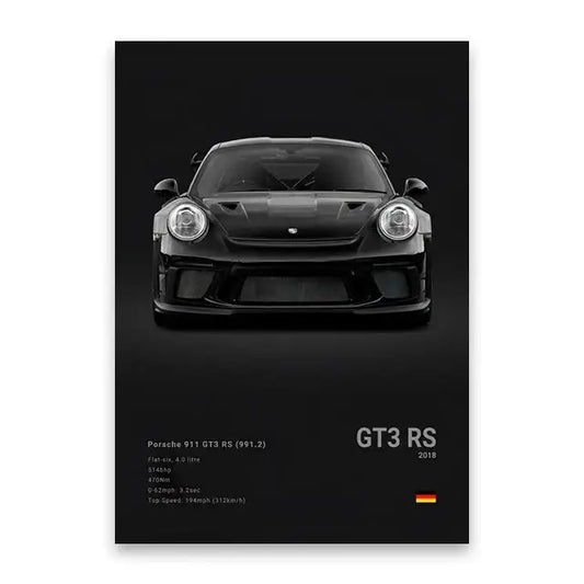 Black porsche 911 gt3 rs wall art print featuring a sleek sports car with round headlights for modern home decor