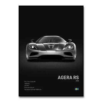 DecorBites™ luxury cars canvas wall art featuring black and silver Koenigsegg Agera RS with sleek aerodynamic design
