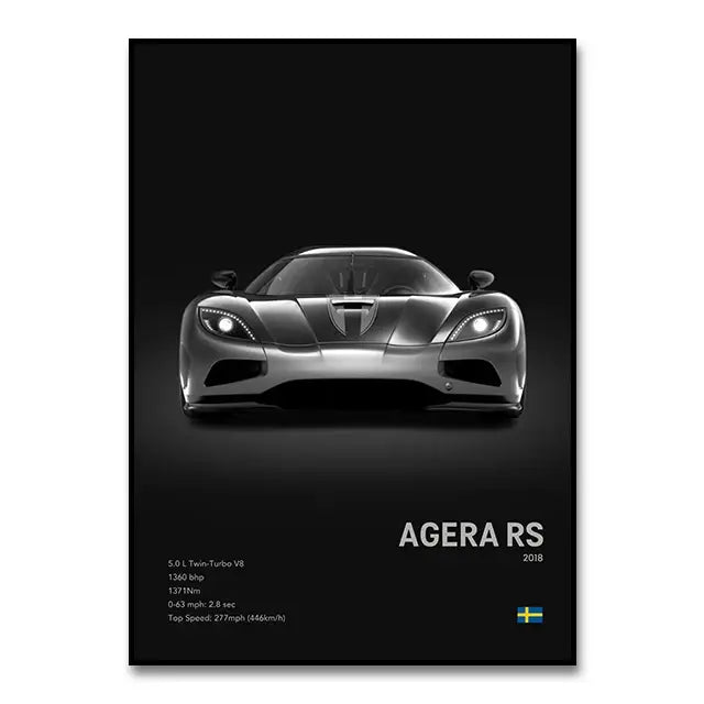 DecorBites™ luxury cars canvas wall art featuring black and silver Koenigsegg Agera RS with sleek aerodynamic design