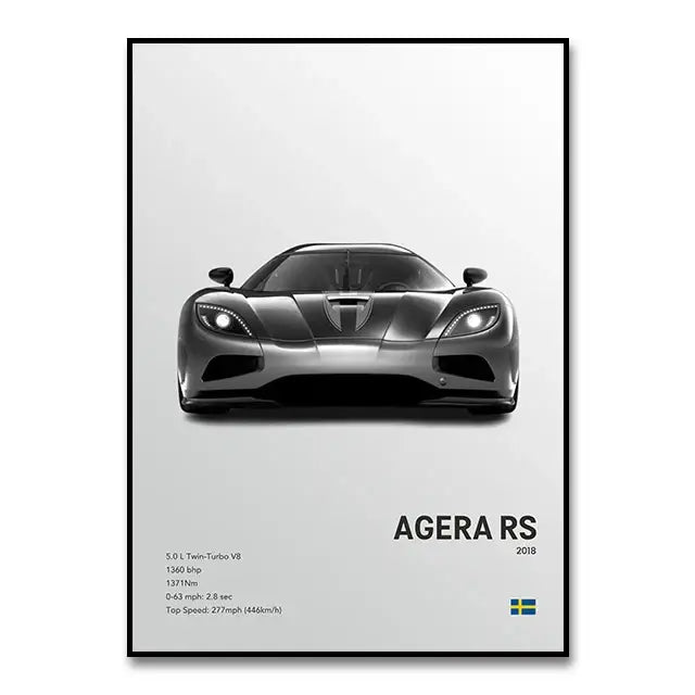 Black and white canvas wall art print of a sleek koenigsegg agera rs 2018 sports car for modern home decor