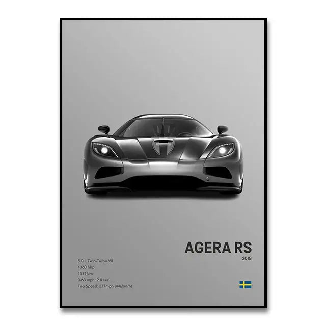 Black and white canvas wall art featuring a front view of the koenigsegg agera rs 2018 for modern home decor